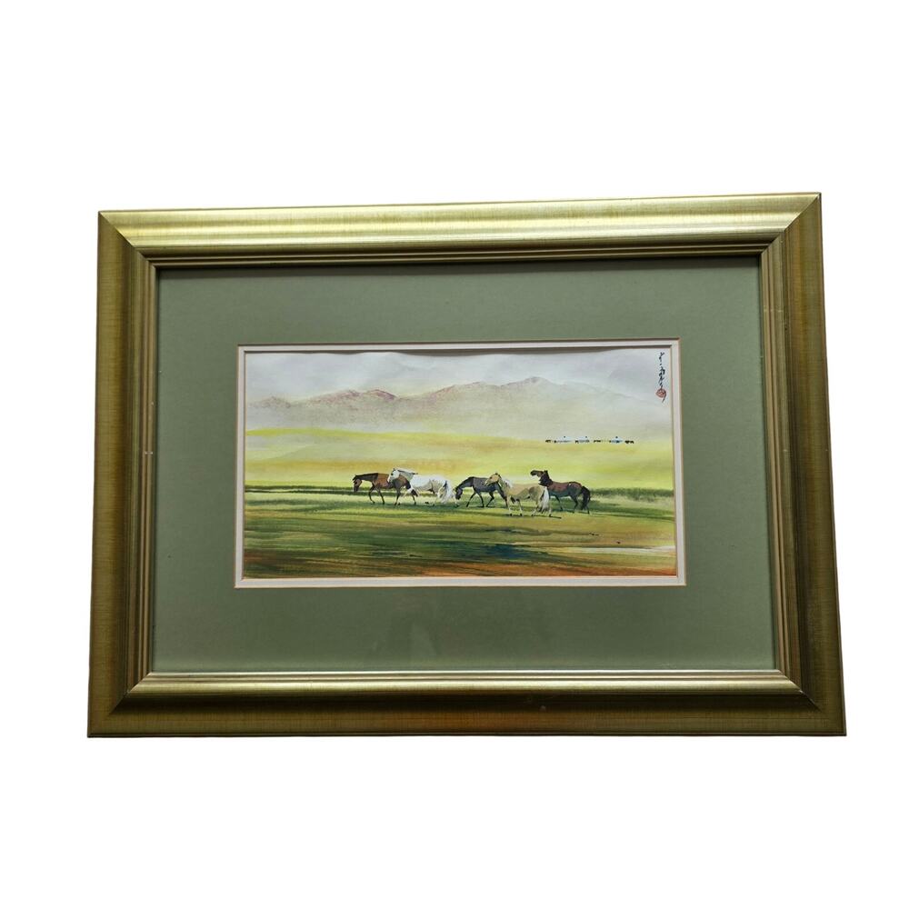 Framed Asian Watercolor Horse Landscape Painting Signed 15.5x21